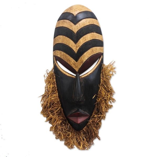 Alternate image for Hand Carved Wood and Raffia African Mask from Ghana Sweet Agbevivi