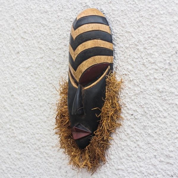 Alternate image for Hand Carved Wood and Raffia African Mask from Ghana Sweet Agbevivi