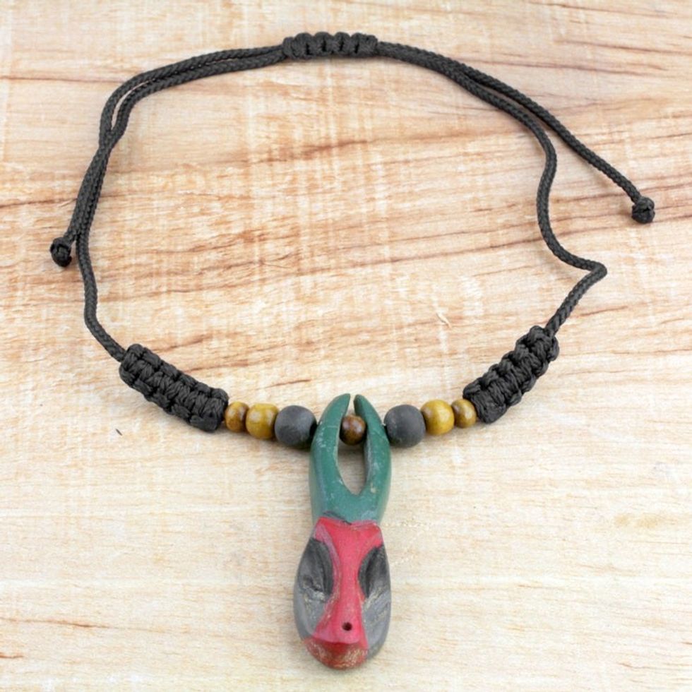 African Mask Hand Carved Sese Wood Necklace 'Onua Do Horn'