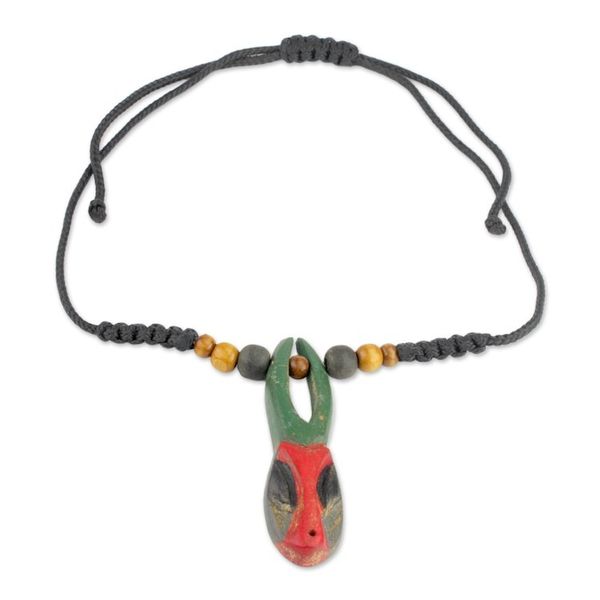 Alternate image for African Mask Hand Carved Sese Wood Necklace Onua Do Horn