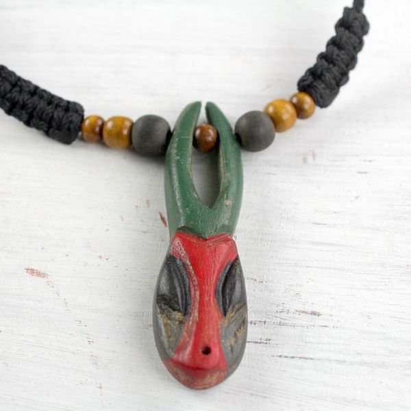 Alternate image for African Mask Hand Carved Sese Wood Necklace Onua Do Horn