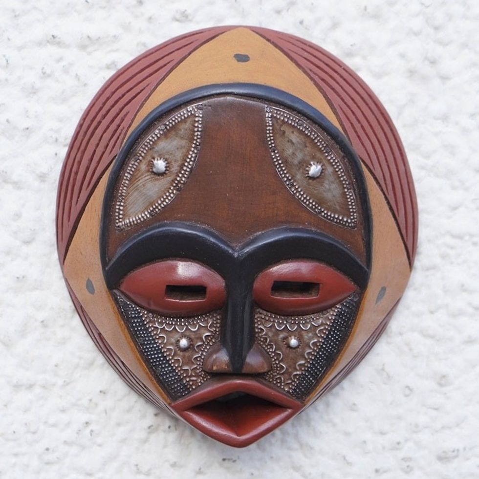 Handcrafted Circular West African Wall Mask in Red Tones 'Praise God'