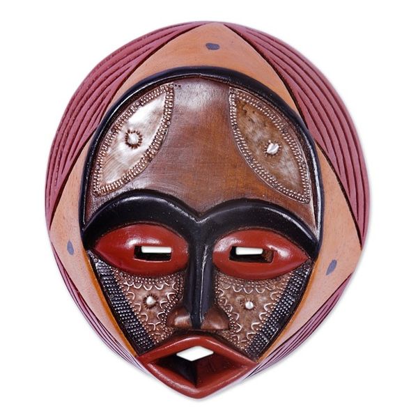 Alternate image for Handcrafted Circular West African Wall Mask in Red Tones Praise God