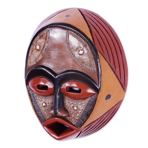 Alternate image for Handcrafted Circular West African Wall Mask in Red Tones Praise God