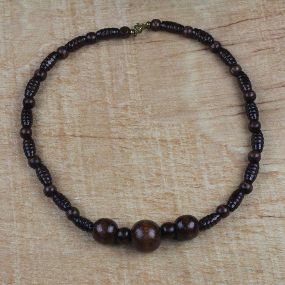 Handmade Sese Wood Beaded Pendant Necklace from Ghana 'Village Love'