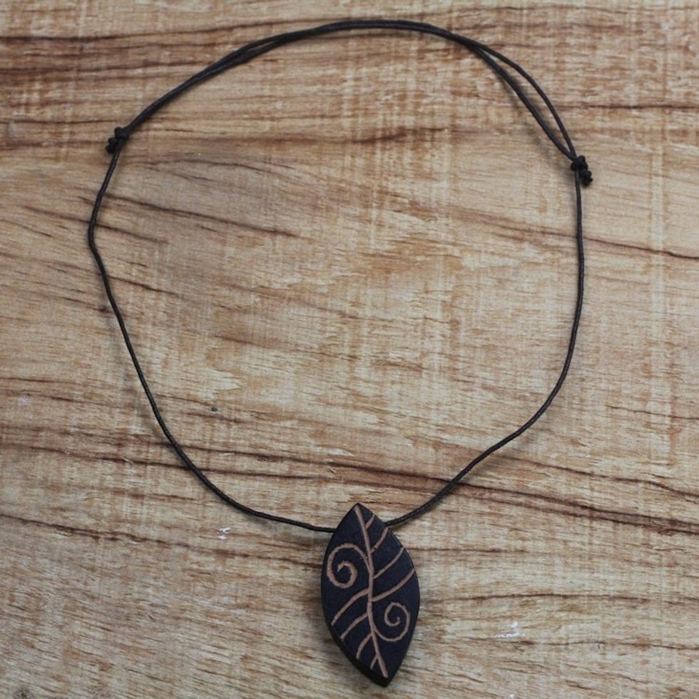 Long Sese Wood Leaf Pendant Necklace Hand Crafted in Ghana 'Afforestation'