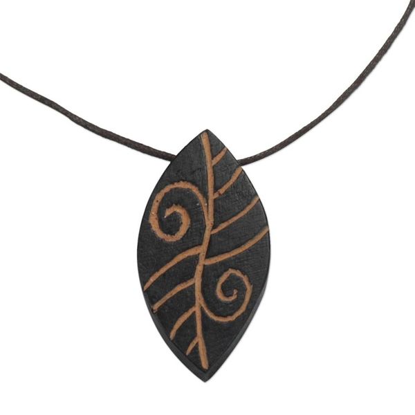 Alternate image for Long Sese Wood Leaf Pendant Necklace Hand Crafted in Ghana Afforestation