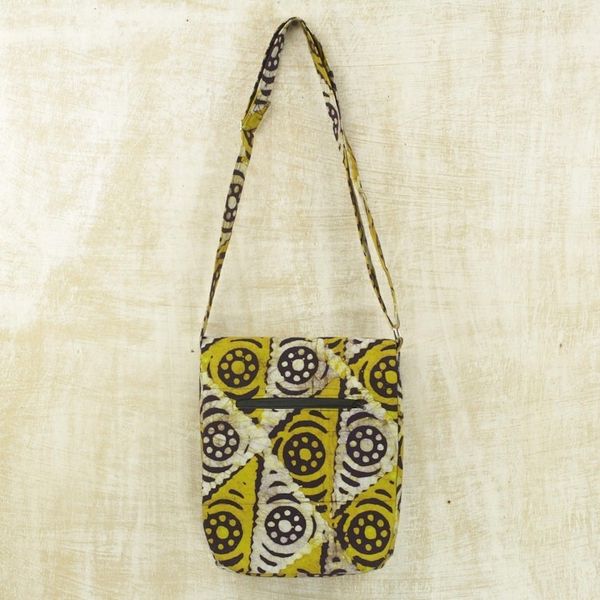 Alternate image for Batik Cotton Sling Handbag in Gold and Alabaster from Ghana Triangle Happiness