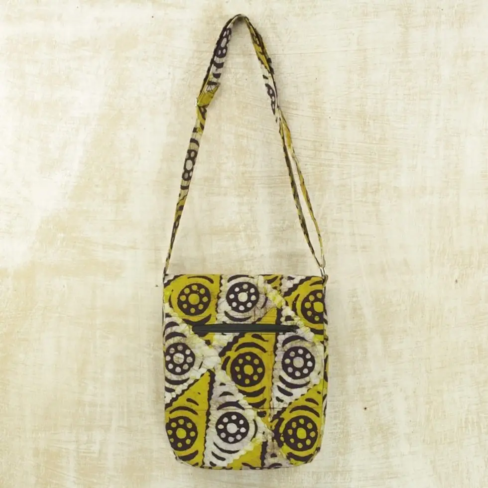 Batik Cotton Sling Handbag in Gold and Alabaster from Ghana 'Triangle Happiness'