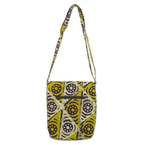 Alternate image for Batik Cotton Sling Handbag in Gold and Alabaster from Ghana Triangle Happiness