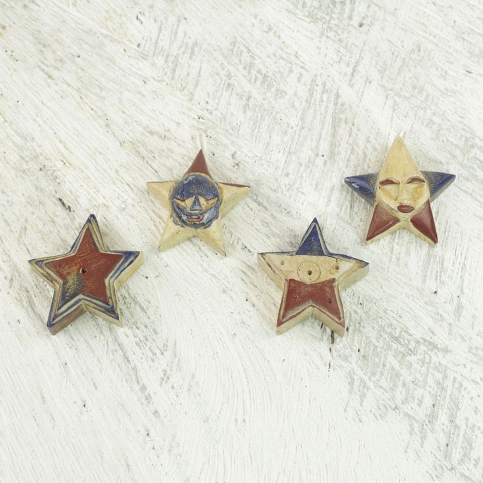 Four Sese Wood Star Ornaments in Red Blue and Beige 'Nsruma Pride'