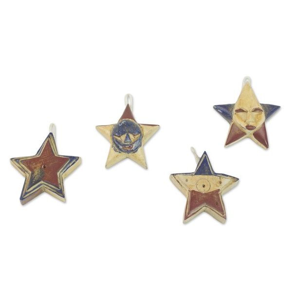 Alternate image for Four Sese Wood Star Ornaments in Red Blue and Beige Nsruma Pride