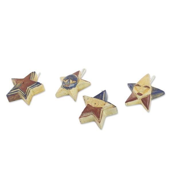 Alternate image for Four Sese Wood Star Ornaments in Red Blue and Beige Nsruma Pride