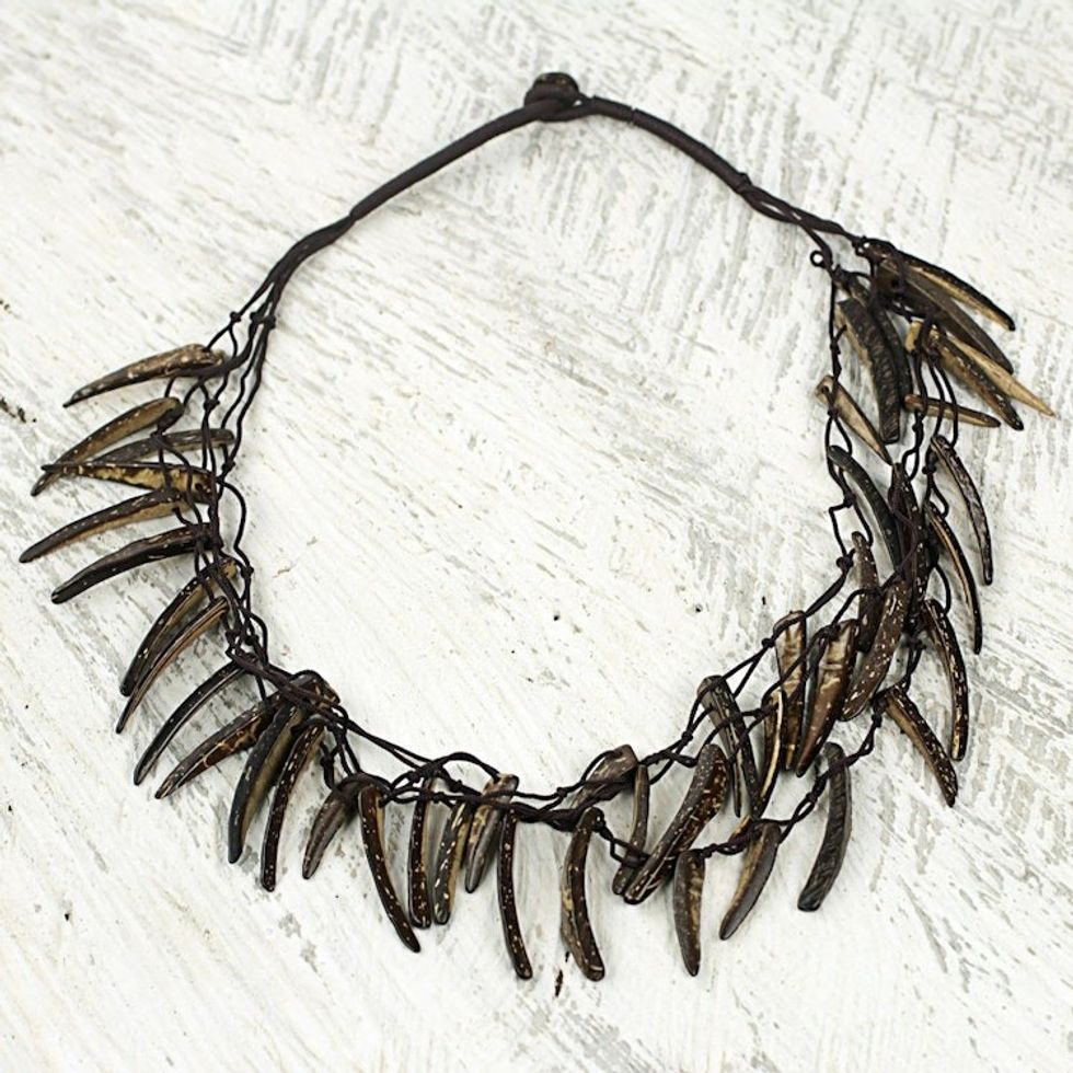 Handmade Coconut Shell Necklace on Double Strand Nylon Cords 'Valiant Warrior'