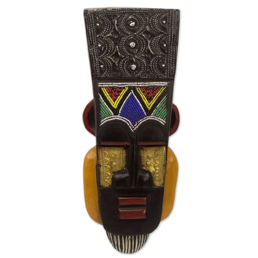 Hand Carved Ghanaian Wall Mask with Brass and Beaded Accents 'Obi'