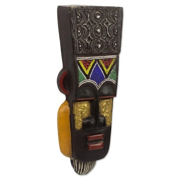 Alternate image for Hand Carved Ghanaian Wall Mask with Brass and Beaded Accents Obi