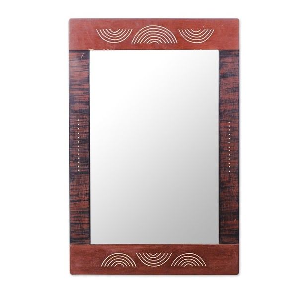Image for Hand Carved Cedar Wood Half Moon Rectangle Glass Mirror Half Moon