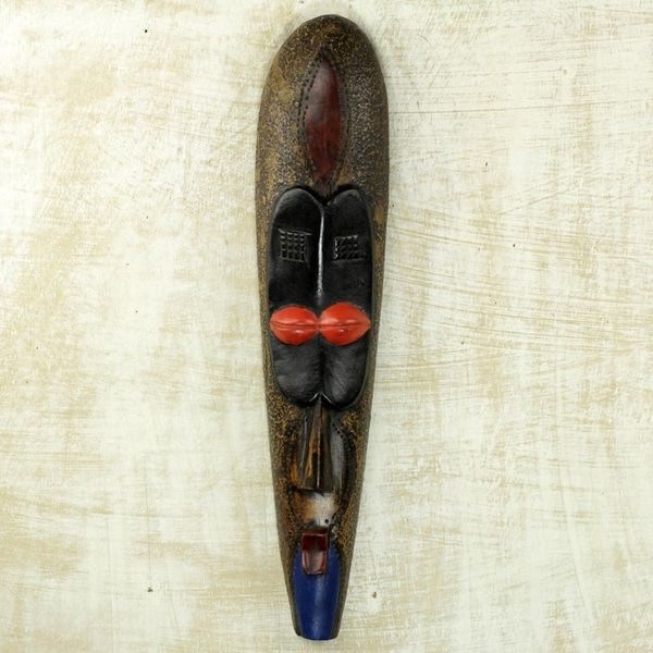 Alternate image for Stunningly Painted Hand Carved African Sese Wood Mask Little Woman