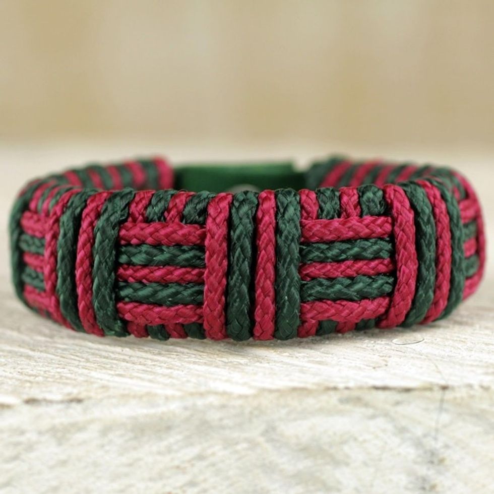 Red and Green Cord Striped Bracelet Handmade in Ghana 'Red and Green Kente Power'