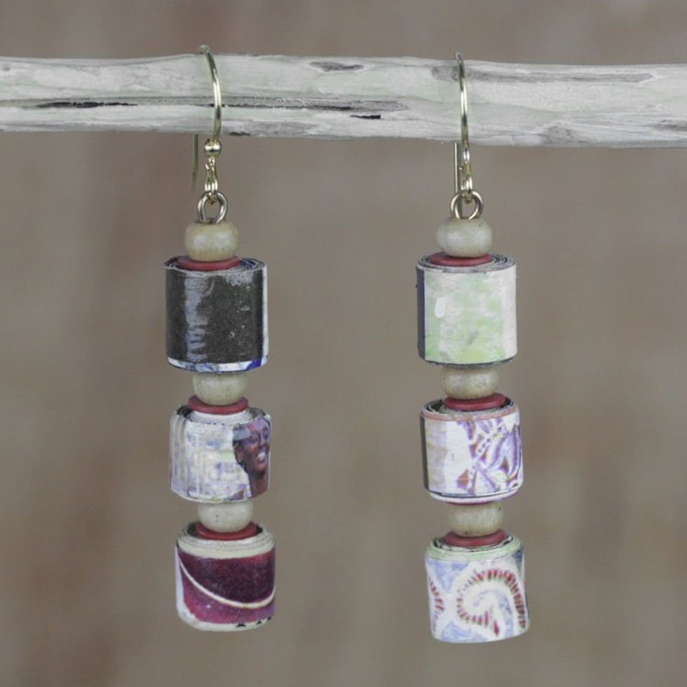 Recycled Paper and Sese Wood Dangle Earrings from Ghana 'Naa Araa Royalty'