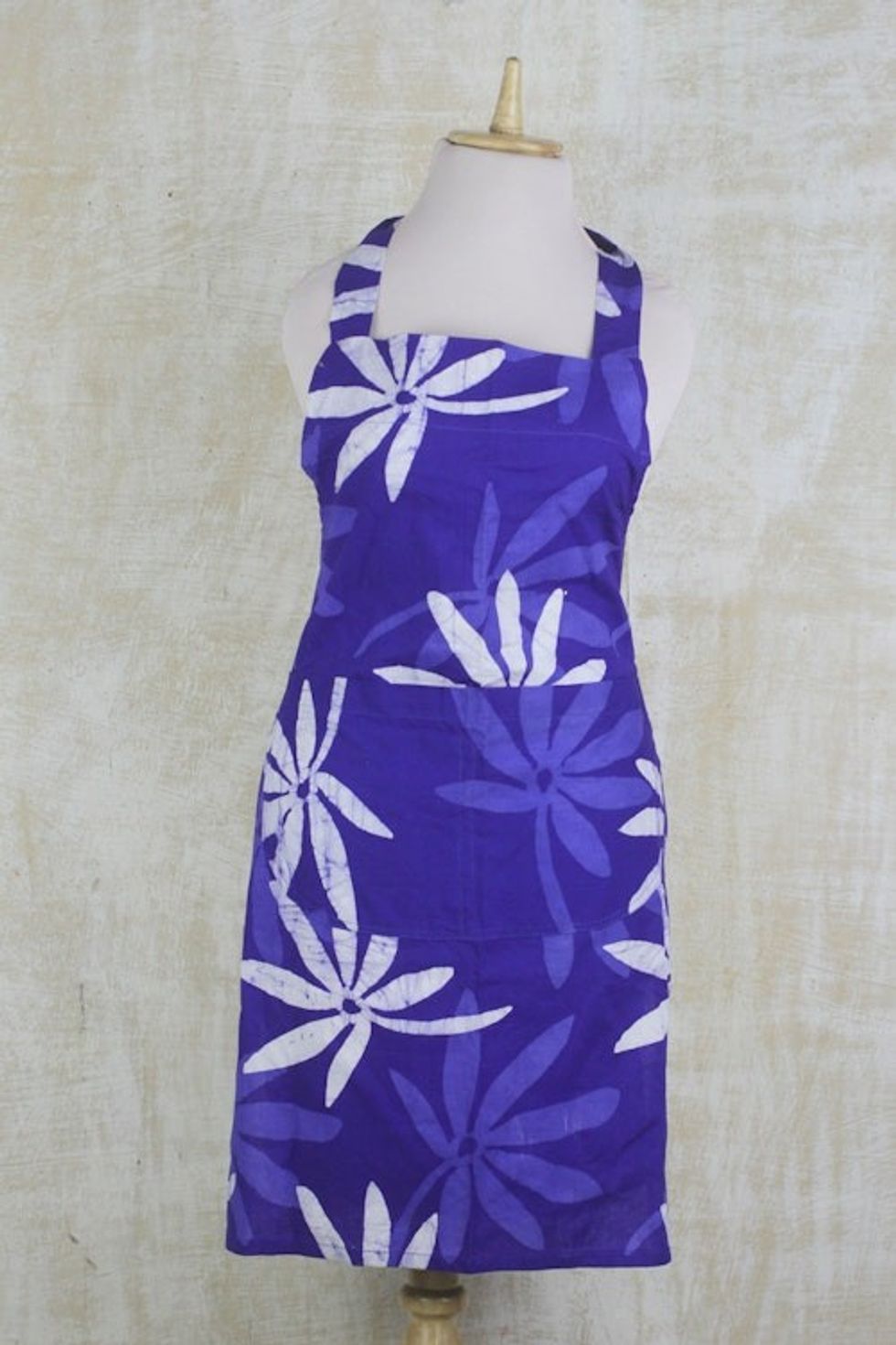 Handmade Floral Blue Batik Cotton Apron from West Africa 'Kitchen Blossoms'
