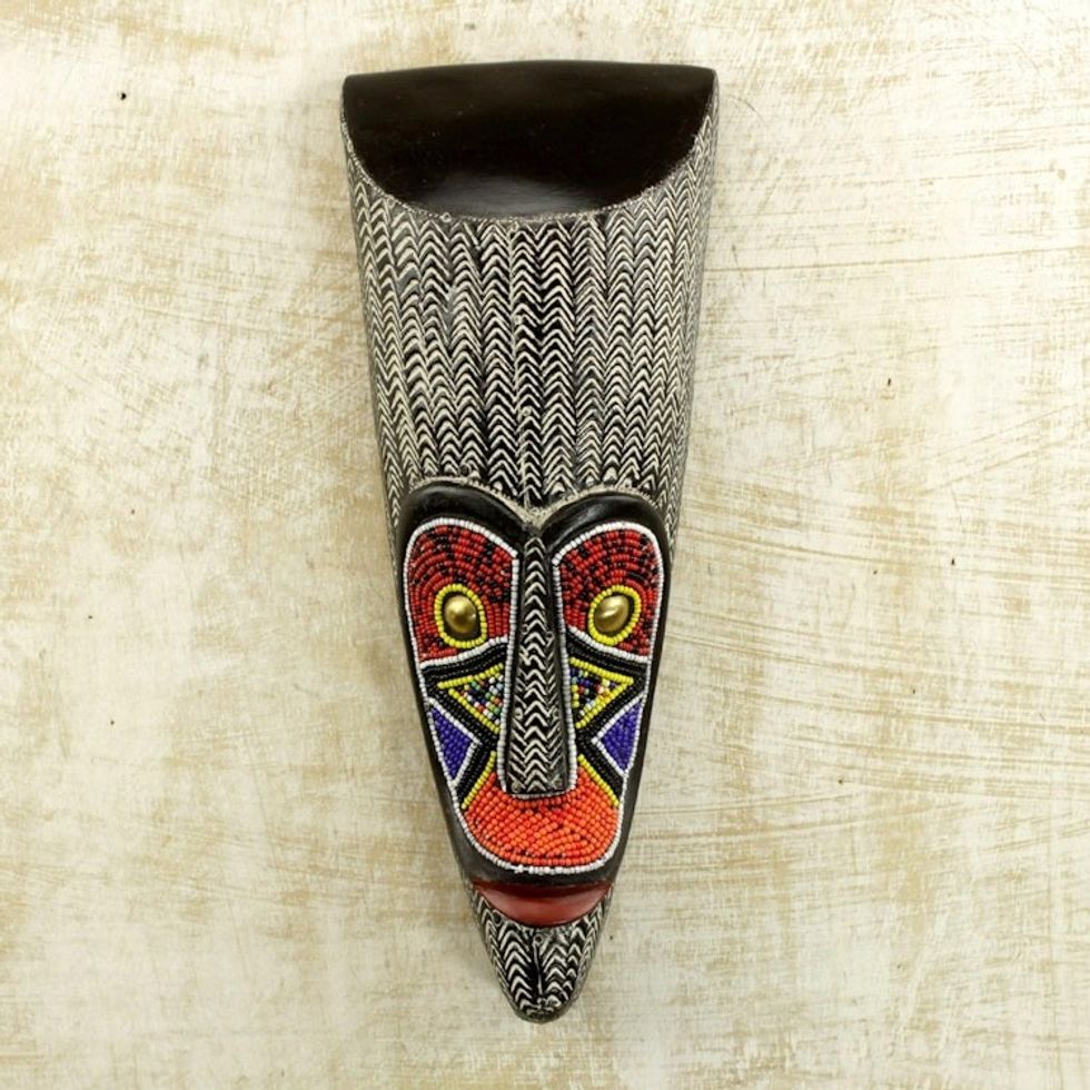 African Aluminum Wood Mask in Black and White from Ghana 'Ngil Masquerade'