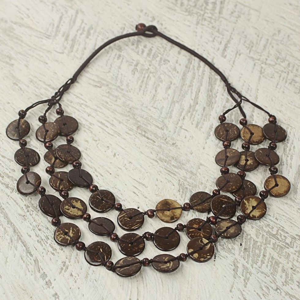 Coconut Shell Strand Necklace Handmade in Ghana 'Coconut Wave'