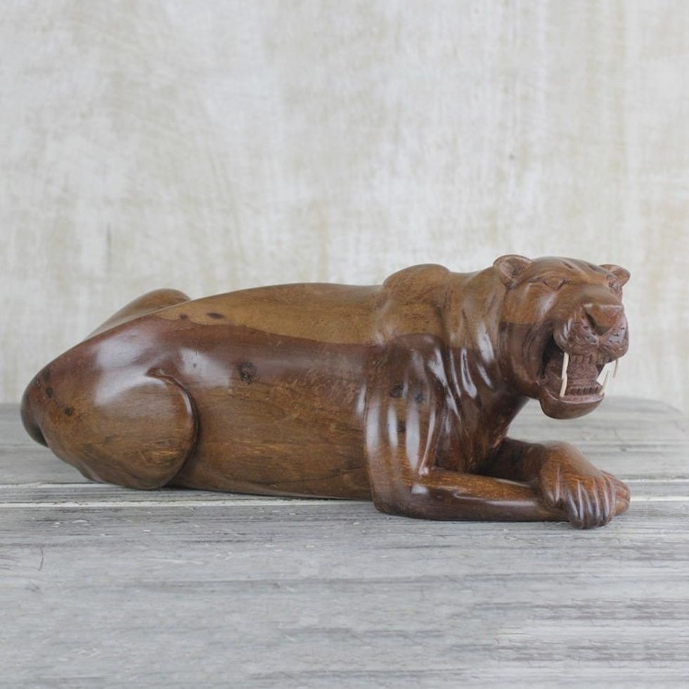 Ghanaian Artisan Handcarved Ebony Wood Panther Sculpture 'Thunderous Panther'