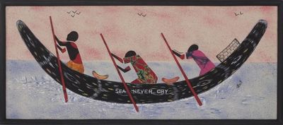Alternate image for Framed Oil Painting on Cotton and Batik Cloth from Ghana The Lost Fishermen