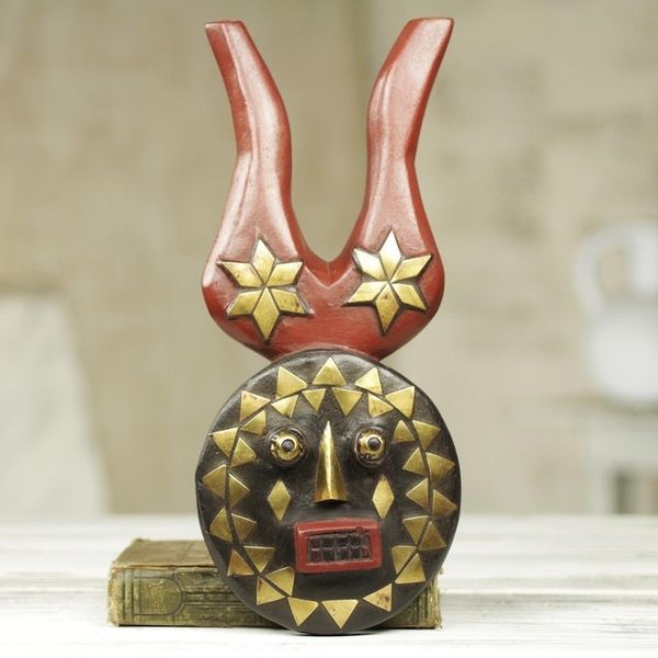 Alternate image for Brass Inlay Hand Carved Authentic African Horned Mask I Am Luck