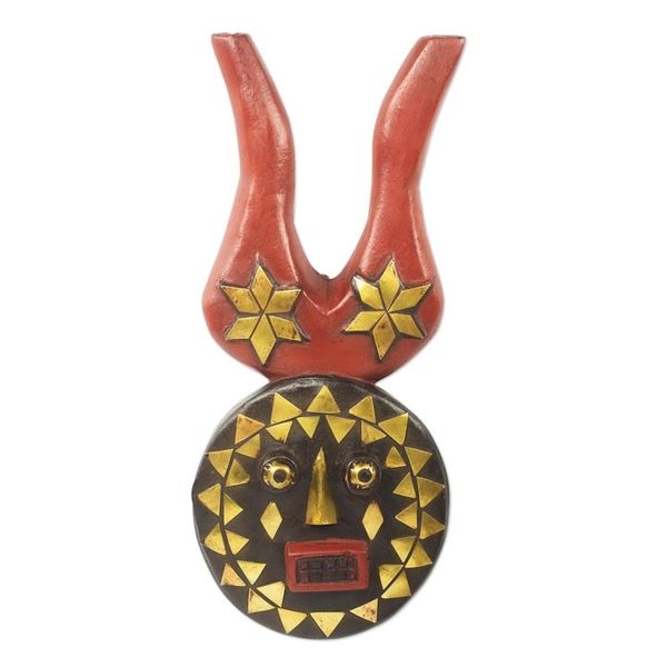 Alternate image for Brass Inlay Hand Carved Authentic African Horned Mask I Am Luck