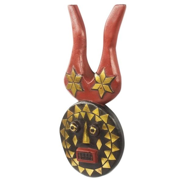 Alternate image for Brass Inlay Hand Carved Authentic African Horned Mask I Am Luck