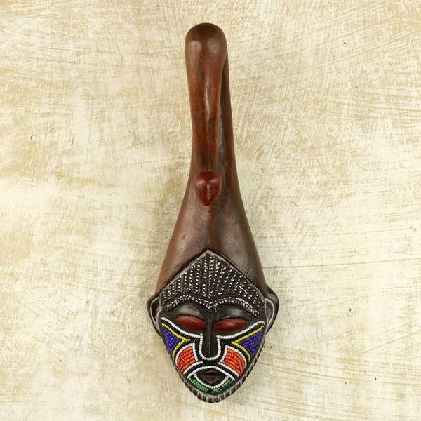 Alternate image for Brown Wood Aluminum Recycled Glass Bead African Mask Ghana Scorpion Face