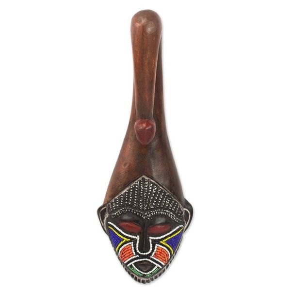 Alternate image for Brown Wood Aluminum Recycled Glass Bead African Mask Ghana Scorpion Face