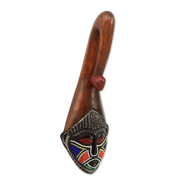 Alternate image for Brown Wood Aluminum Recycled Glass Bead African Mask Ghana Scorpion Face