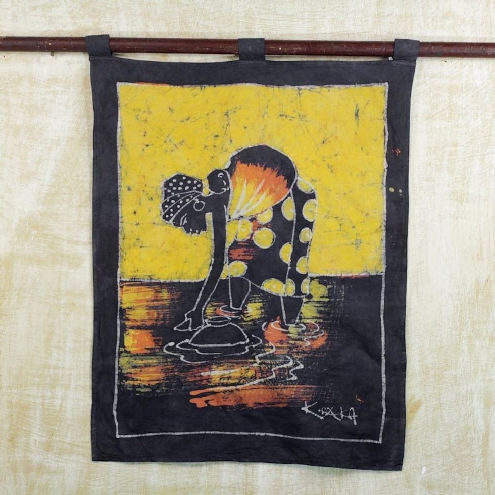 Batik Cotton Wall Hanging of a Woman from Ghana 'Woman at the Lake'
