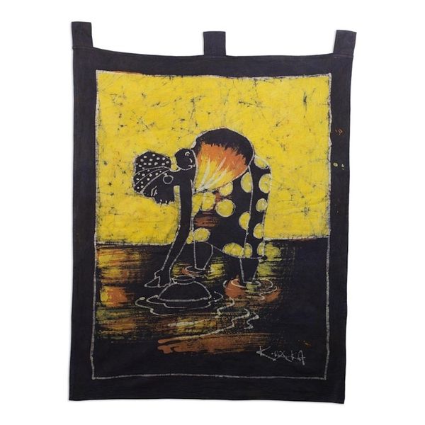 Alternate image for Batik Cotton Wall Hanging of a Woman from Ghana Woman at the Lake