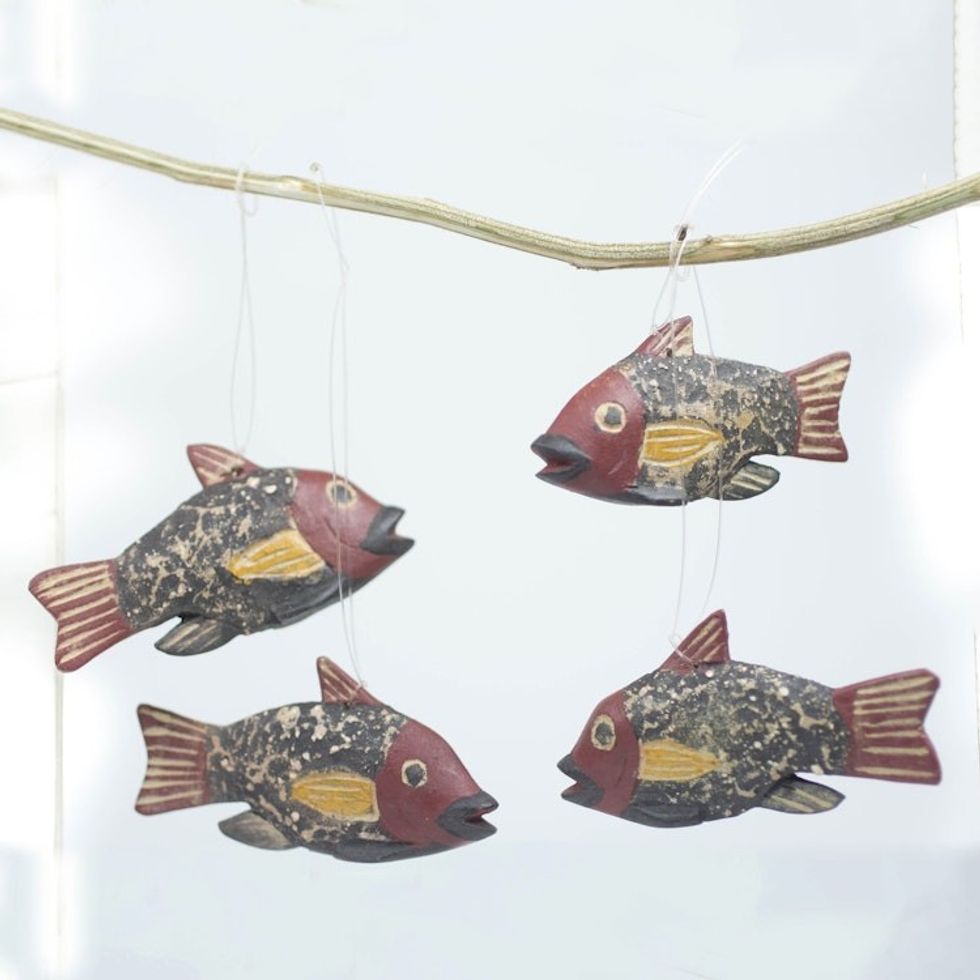 Ghana Artisan Crafted Fish Theme Ornaments Set of 4 'Little Ghanaian Fish'