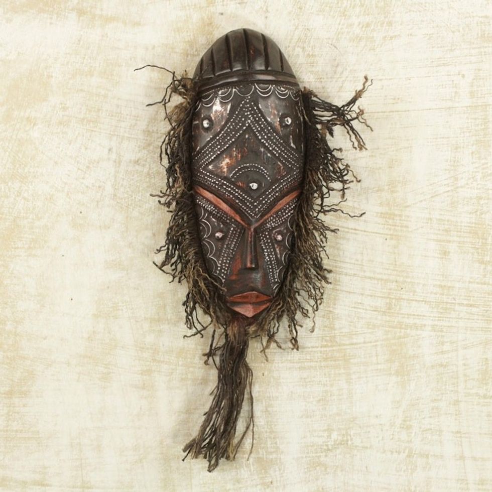 Wood Aluminum and Cotton African Mask from Ghana 'Brown Kotoku'