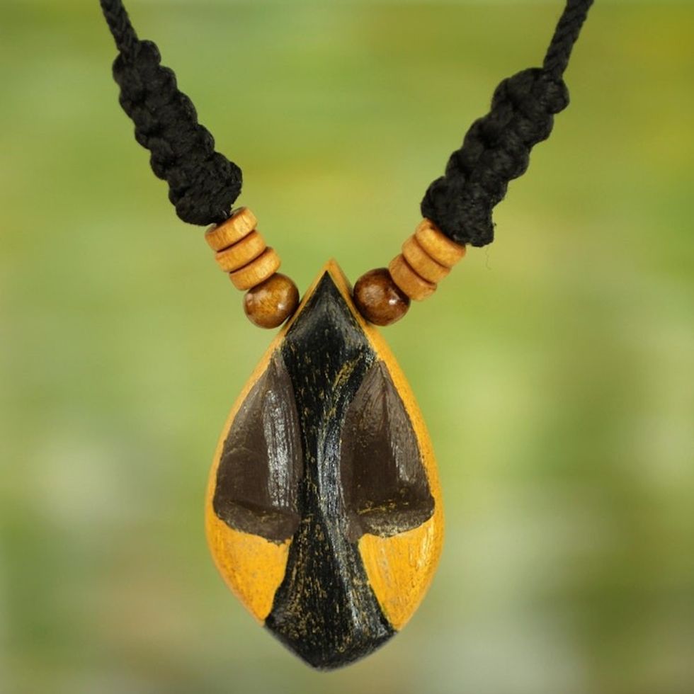 African Style Hand Carved Wood Necklace with Female Mask 'Manubea'