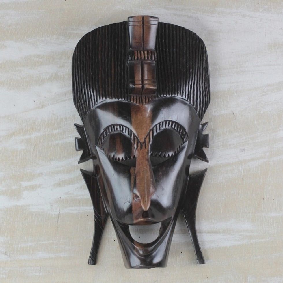 Hand-Carved African Ebony Wood Mask of a Laughing Face 'Laughing Happily'