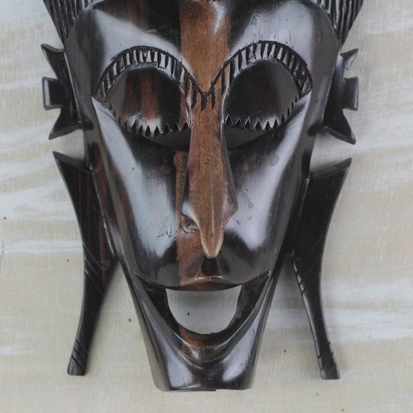Alternate image for Hand-Carved African Ebony Wood Mask of a Laughing Face Laughing Happily