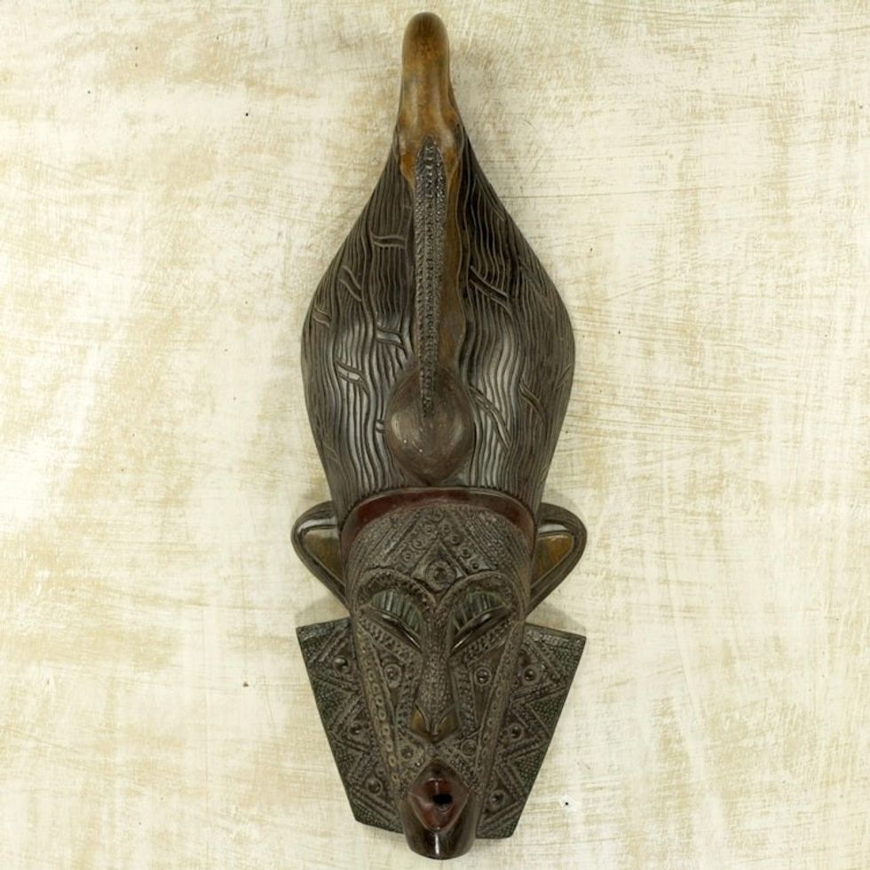 Ghana Sese Wood Mask Hand Carved Brown 'Sankofa Silhouette'