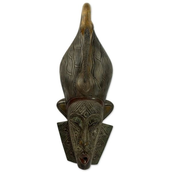 Alternate image for Ghana Sese Wood Mask Hand Carved Brown Sankofa Silhouette