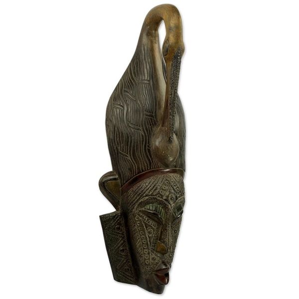 Alternate image for Ghana Sese Wood Mask Hand Carved Brown Sankofa Silhouette