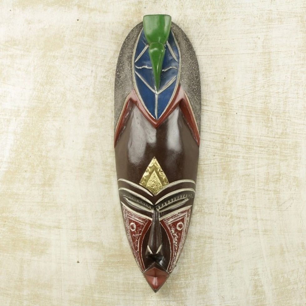 Hand Carved African Brass Aluminum Sese Wood Mask from Ghana 'Adi Pa'