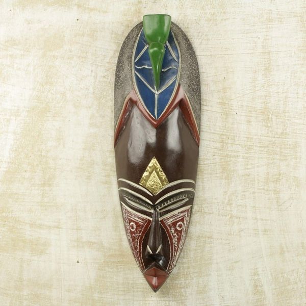 Alternate image for Hand Carved African Brass Aluminum Sese Wood Mask from Ghana Adi Pa
