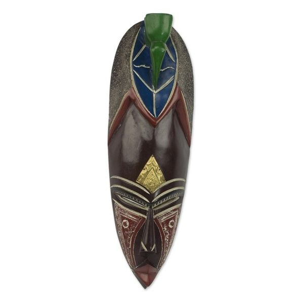 Alternate image for Hand Carved African Brass Aluminum Sese Wood Mask from Ghana Adi Pa