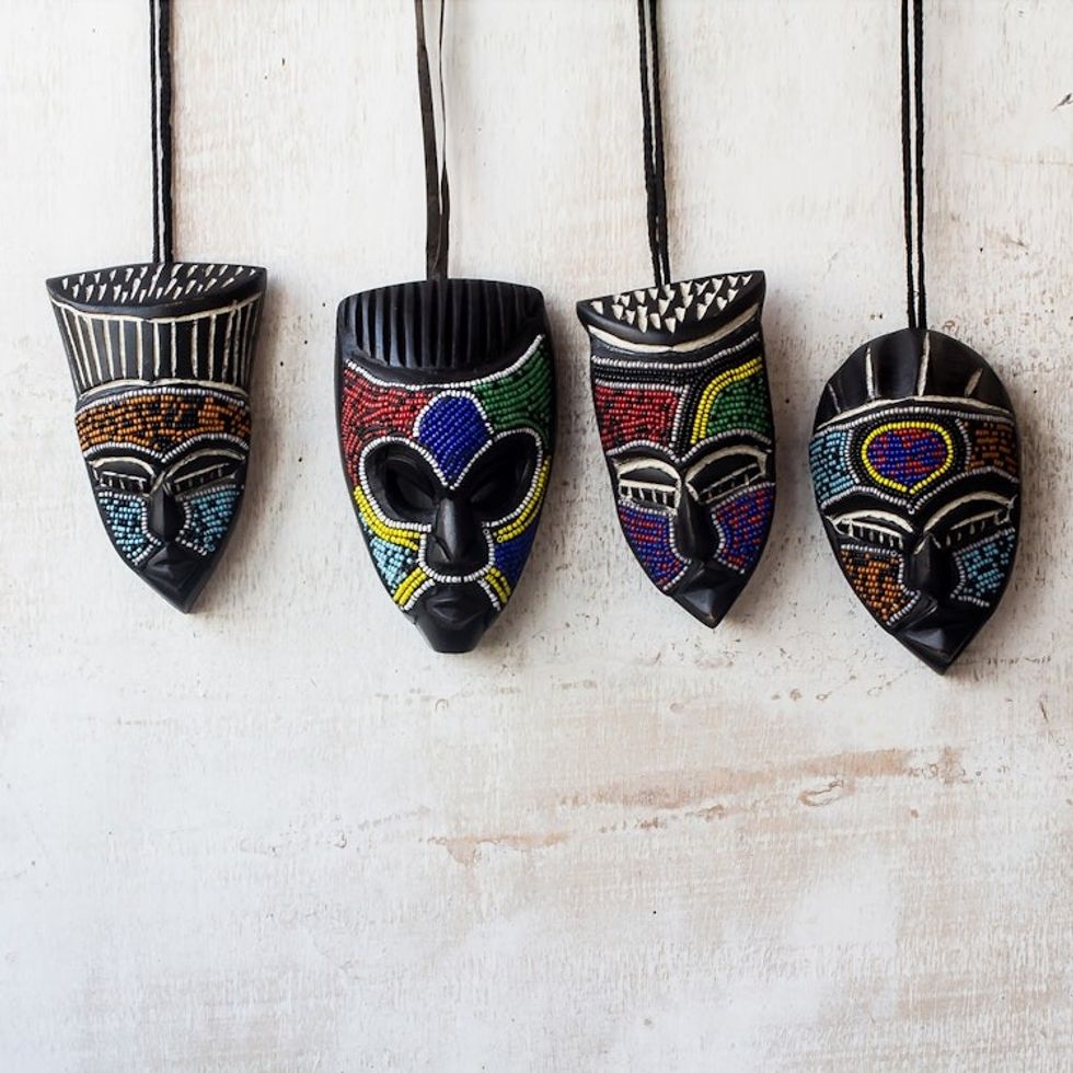 Hand Crafted Beaded Wood Small African Masks Set of 3 'Melowo'