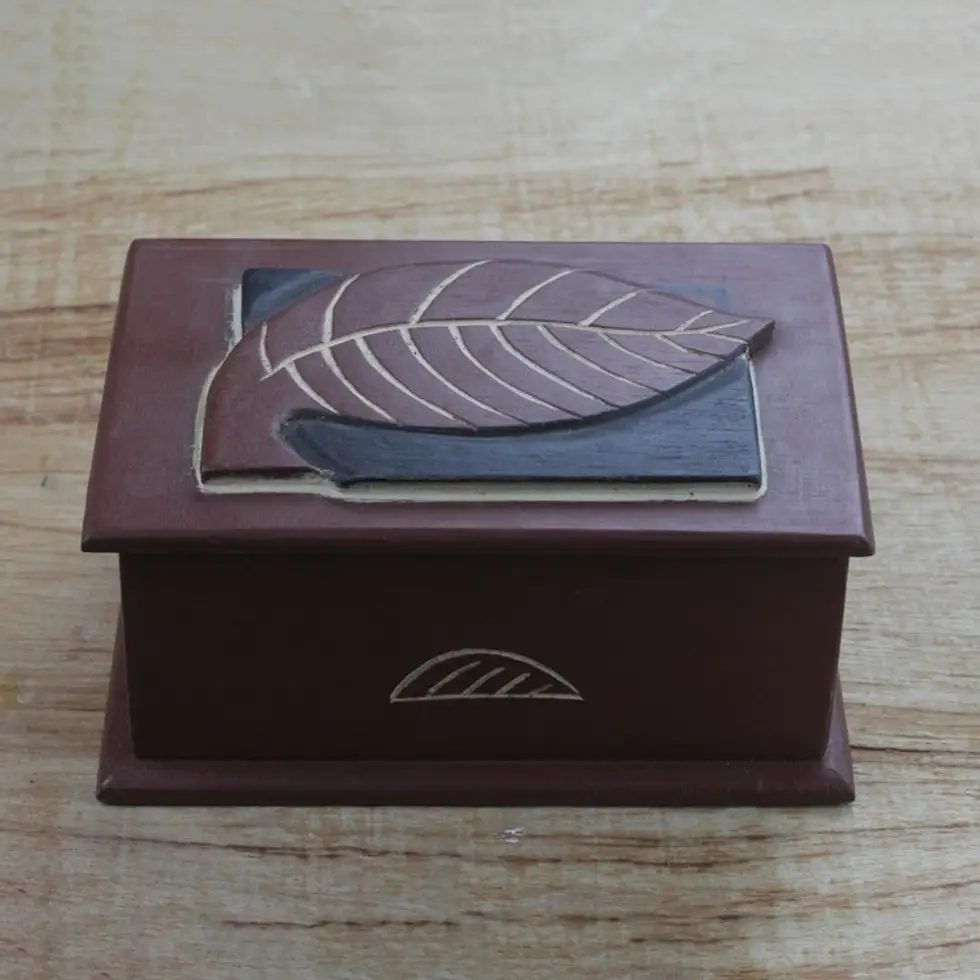 Hand Carved Ghanaian Decorative Wood Box with Leaf Motif 'Memories of Nature'